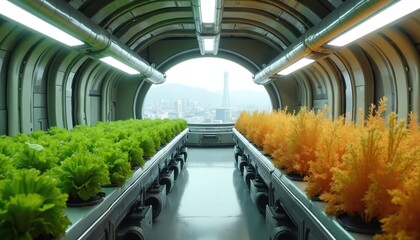 Obraz premium Futuristic indoor farm grows varied crops with advanced hydroponic system. Green leafy plants, orange vegetation thrive under bright artificial lights. Modern tech cultivates food in space-like