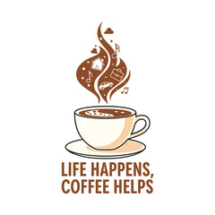 Coffee cup with life symbols rising saucer steam