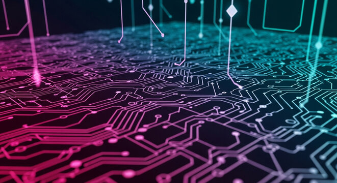 Abstract circuit board pattern with pink and blue gradient lighting and vertical lines above it