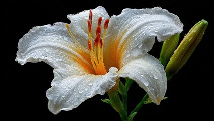 Elegant white lily with dewdrops on petals
