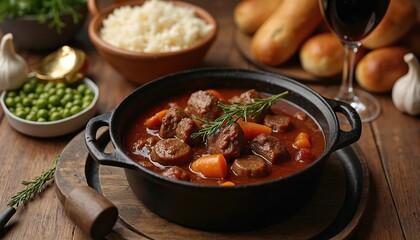 Warm Beef Bourguignon dish presented on rustic wooden table. Rich stew with vegetables, herbs sits in cast iron pot. Beside potatoes, wine glass, garlic cloves. Image represents traditional French