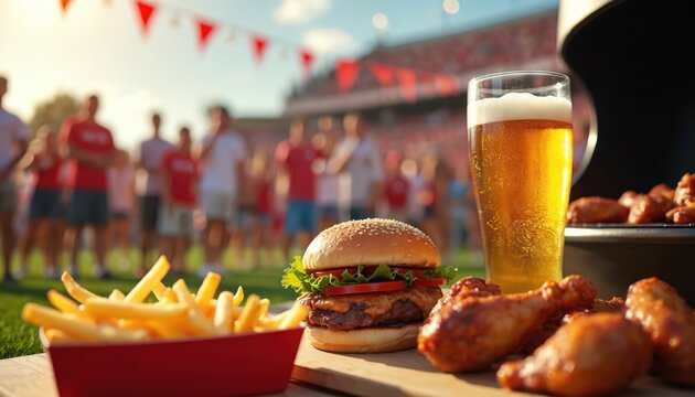 Delicious juicy burger with fresh lettuce, tomato, cheese, served with crispy golden french fries. Cold refreshing beer, grilled chicken legs. Friends gather for outdoor tailgate party, sharing food