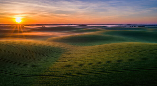 Sunrise over rolling green hills with soft morning mist and glowing light for peaceful nature landscapes