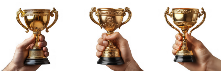 Three golden trophies held up by hands isolated on transparent background