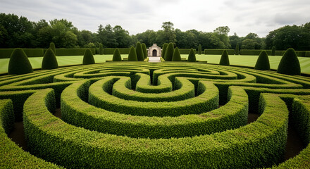 Symmetrical Hedge Maze Design in a Manicured Garden with Lush Greenery and Tree Line Under Overcast Sky