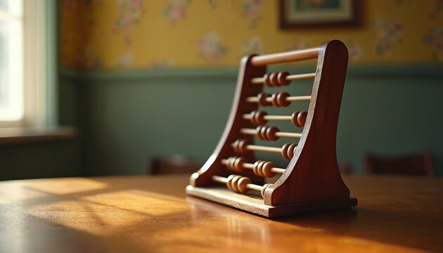 Wooden abacus rests on a polished wood table, bathed in soft window light. Its beads offer a tactile connection to past calculation methods and education.