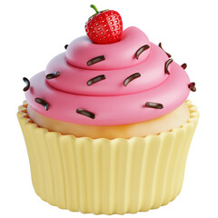 Delicious Strawberry Cupcake with Swirled Pink Frosting and Sprinkles on a Yellow Paper Liner