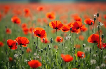 Naklejka premium Vibrant red poppies bloom profusely across vast green field under warm spring sun. Delicate wildflowers glow in soft morning light. Forms truly beautiful floral landscape. Rural countryside beauty,