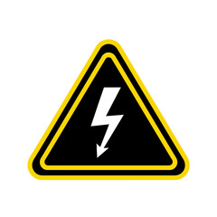A clear black and yellow triangular warning sign with a white lightning bolt symbol, signifying electrical hazard or high voltage danger, isolated.