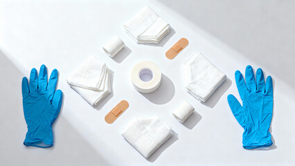 Medical Supplies Arrangement with Gloves, Bandages, and Cotton for First Aid Kit