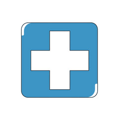 A simple, clean illustration of a white cross symbol within a blue square, representing healthcare, medical assistance, and emergency services against a white background.