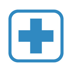 Fototapeta premium A crisp blue cross symbol, universally recognized for medical assistance and first aid, is presented within a clean white rounded square.