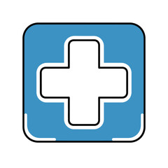 Obraz premium A vibrant blue square icon featuring a prominent white plus sign, symbolizing healthcare, medicine, and aid, set against a clean, minimalist background.