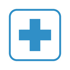 A distinct, vibrant blue cross icon, symbolizing health, medical care, first aid, or a positive addition, is clearly presented within a rounded square on a white backdrop.