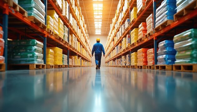 Man worker in blue uniform, yellow hard hat, walks bright industrial warehouse aisle. Tall shelves packed diverse colorful packaged goods, boxes, products. Modern facility manages inventory, global - Powered by Adobe