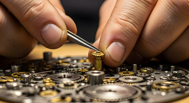 Close-Up of Skilled Artisan's Hands Assembling Intricate Watch Mechanism Using Tweezers in a Workshop Environment - Powered by Adobe