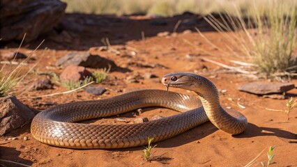 Fototapeta premium Mulga Snake (King Brown Snake) in natural Australian habitat, coiled on red desert soil with grass and rocks, detailed scales, sunlight, wildlife photography