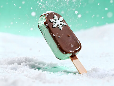 A festive mint chocolate ice cream bar with a white snowflake decoration resting in a bed of fresh snow.