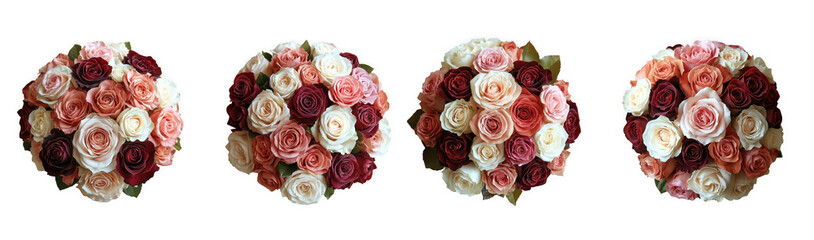 Four round bouquets of roses in various shades of pink, white, and deep red, isolated on transparent background