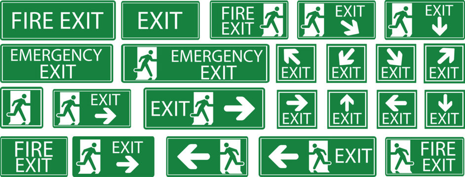 Emergency Exit Icon set. Vector illustration of running man and exit door sign. Escape and evacuation symbol. Various exit sign isolated white background.Evacuation and relocation of people to safety.