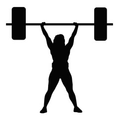 Silhouette of weightlifter lifting barbell overhead, strength training and bodybuilding illustration. Fitness and power sport concept isolated on white background