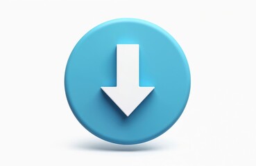 Blue circle with white downward arrow icon. This clean graphic symbol represents download or transfer. Isolated object for digital interface design, save, upload, data movement.
