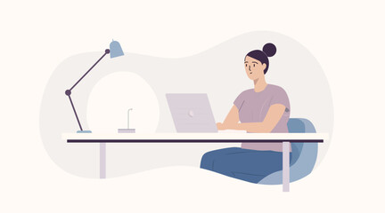 A minimalist vector illustration of a faceless person with subtle suggestions of facial features, sitting at a sleek modern desk with clean lines, working on a slim laptop with a softly glowing screen