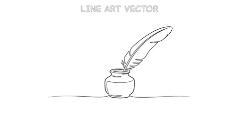 Elegant feather pen and inkwell sketch drawing simple line art