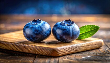 Two Blueberries with a Green Leaf on a Wooden Board with a Blurred Dark Background Illuminated by Soft Bokeh Lights