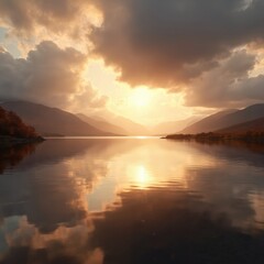 Obraz premium Golden sun shines over calm lake water, mirroring bright sky. Majestic mountain range creates dramatic landscape reflection. Autumn trees line distant shore. Peaceful nature scene evokes quiet beauty