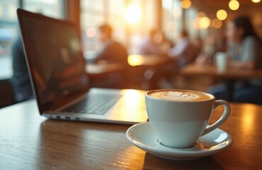 Fototapeta premium Cup of cappuccino with latte art stands near laptop in cafe. People sit at tables at background. Concept of remote work freelancing or e-learning.