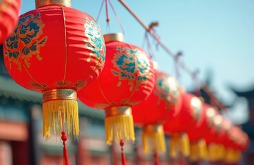 Line of red Asian lanterns with floral patterns and yellow tassels hanging in daylight. Traditional ornaments glow brightly, creating a festive Asian atmosphere for celebrations and holidays.