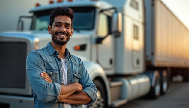 Smiling indian man poses near big truck. Young male worker stands confidently. Driver in uniform, shipping industry employee. Portrait shot supply chain expert in logistic business near cargo vehicle.