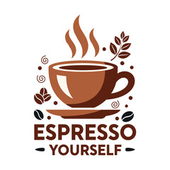 Steaming coffee cup with beans and leaves espresso