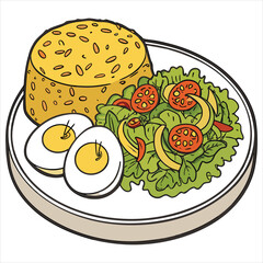 Delicious plate of food with rice, salad, and eggs