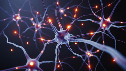 Close up view of multiple neurons with glowing synapses against a dark blue background in detail
