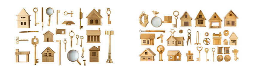 A collection of vintage wooden house miniatures and antique keys, isolated on transparent background