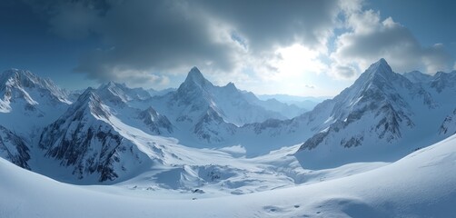 Vast snowy mountain range under dramatic clouds, bright sun. Jagged peaks stretch across horizon in majestic winter panorama. Serene, cold, icy landscape offers breathtaking natural beauty, adventure.