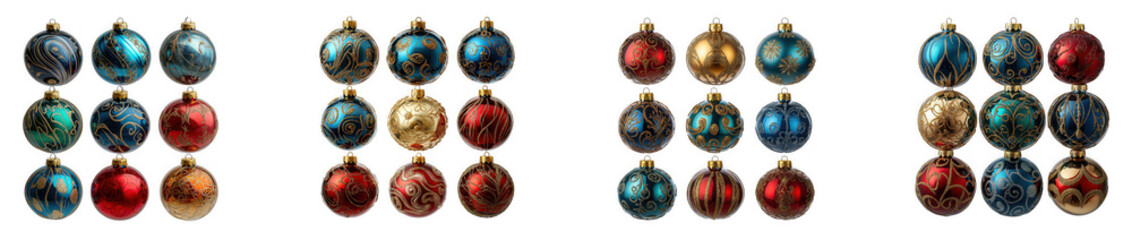 Collection of twelve assorted vintage christmas baubles in various colors and patterns, isolated on transparent background