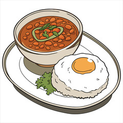 Beans with fried egg and rice