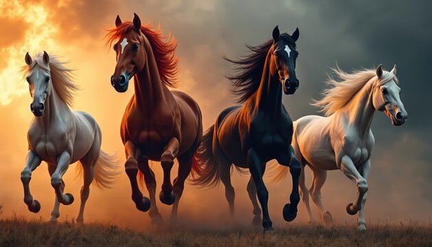 Four horses running fast across field. Sunset backdrop illuminates horses with different coat colors. Wild animals gallop at dusk. Apocalypse concept includes dramatic sky in this image.