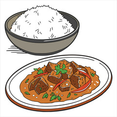 Delicious beef curry with rice on plate