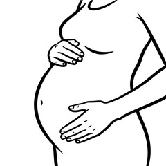 Simple black and white icon showing a pregnant woman being gently examined by a midwife's hands on her abdomen. Represents prenatal care, monitoring