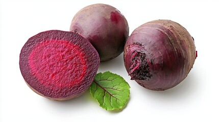 Beetroot and half with leaf isolated on white background. Top view