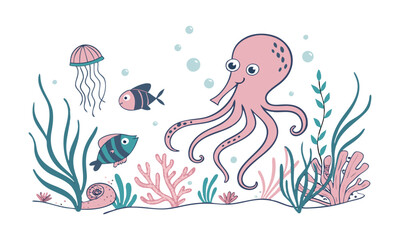 Cute Underwater Sea Life Vector Illustration, ocean textile elements, easily editable.