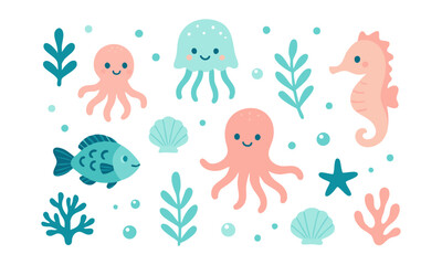 Minimal Sea Life Design in Flat Vector Style Illustration, ocean textile elements, easily editable.