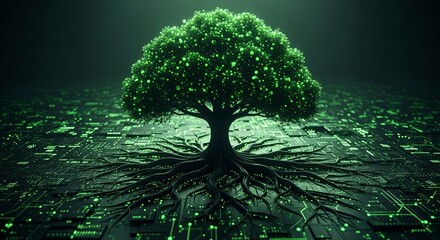 Glowing green tree with circuit board roots, symbolizing growth and connection in a digital world