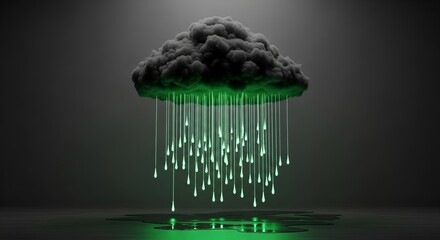 An abstract 3D render of a dark cloud with glowing green raindrops on a dark gray background.