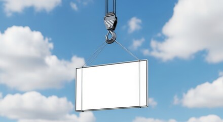 A crane hook suspending a blank white billboard against a backdrop of a vibrant blue sky and clouds.