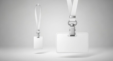Clean and minimalist studio shot showcases two white blank badge holders suspended by white lanyards